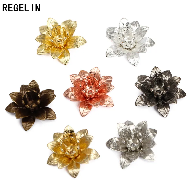 REGELIN 7 Colors Copper Filigree Flowers Base Connector 10pcs/lot Bead Cap Charms Setting 6*15mm For Jewelry Making Findings