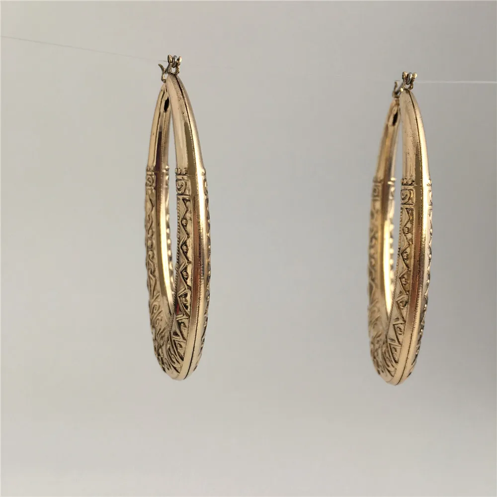 Vintage Antique Gold Color Plating Engraved Oval Hoop Earrings For Women Girl Trendy Casual Modern Jewelry Accessory