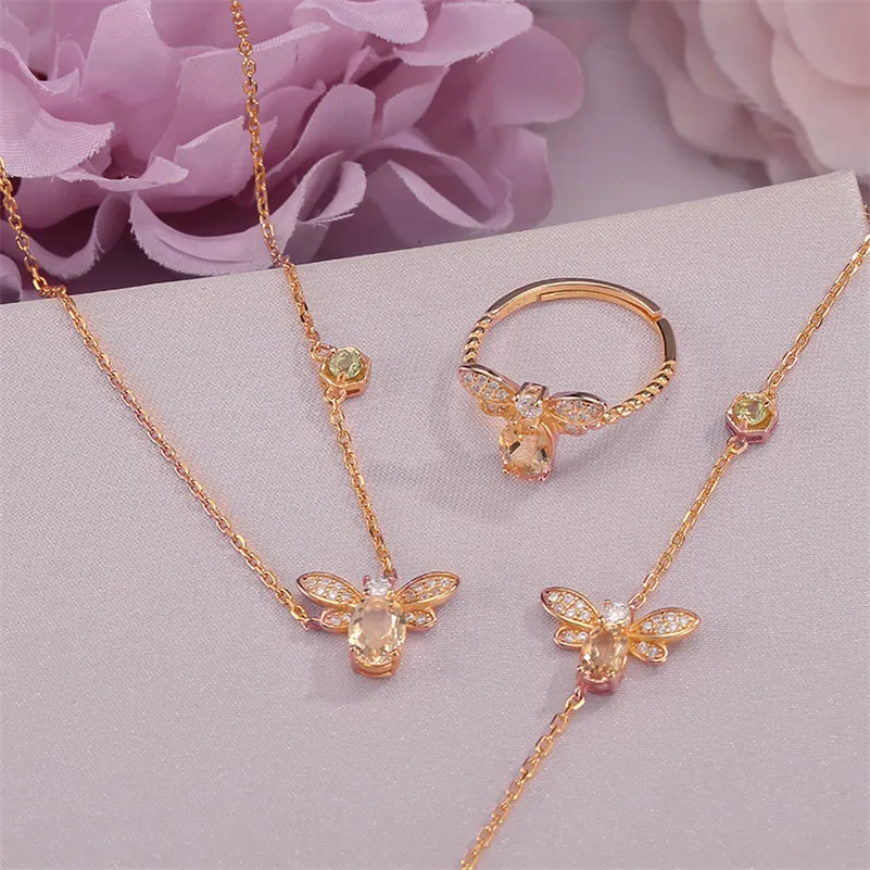 Fine Jewelry Sets For Women Solid 925 Silver Natural Bee Citrine Gemstone Bracelets Ring Necklace Pendants Jewelen CCV027-1