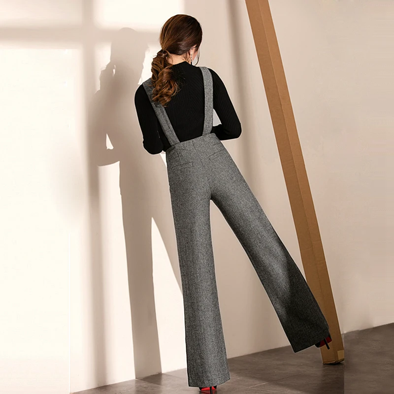 Jumpsuits Women Rompers 70% Wool Blended Fabric Pockets Button Decoration Full Length Wide Leg Classic Design New Fashion 2018