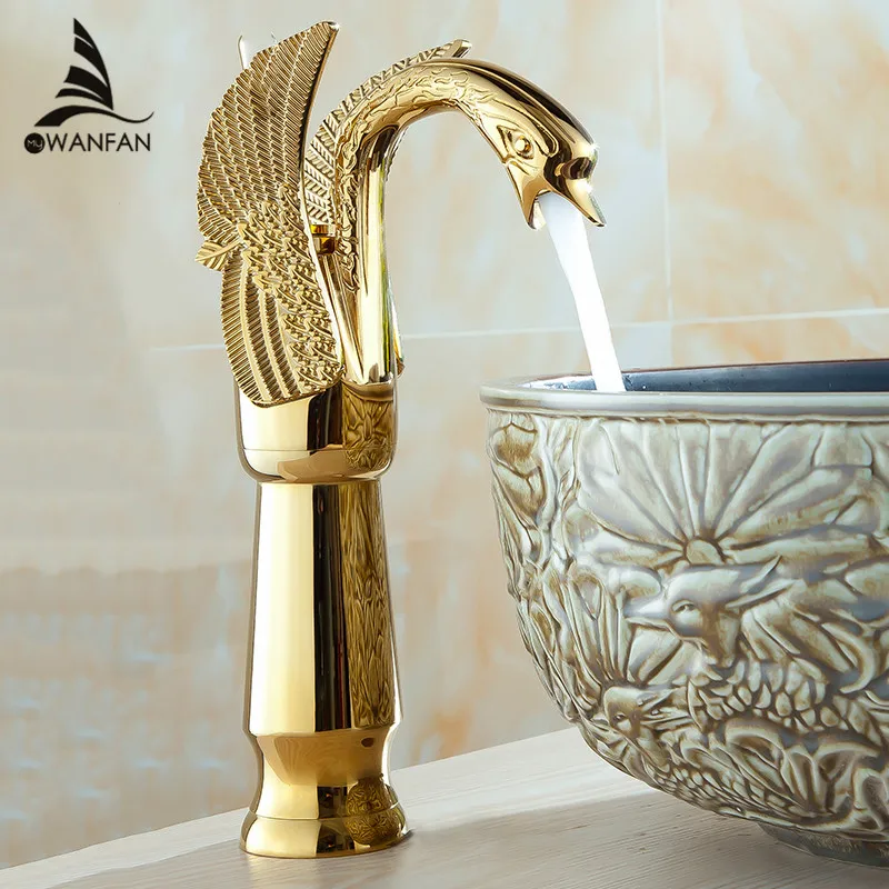 

Basin Faucets New High Swan Faucet Arch Design Luxury Wash Mixer Taps Brass Hot And Cold Taps Gold Plated Single Hole Tap 85536K