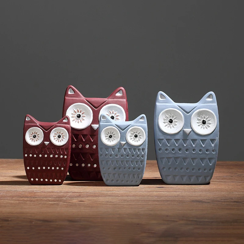 

Pack of 4pcs - The Owl Family Ceramic Figurines, Blue and Red Owls Animals Statues Art Crafts Home Decor