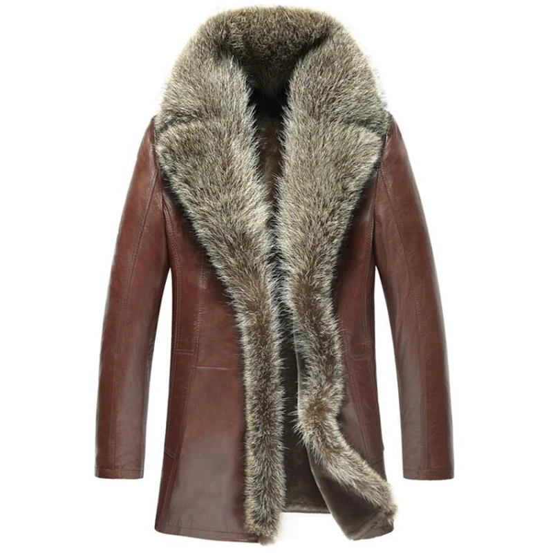 Men's Shearling Coat  Raccoon Fur Collar Sheepskin Leather Outerwear Men Luxury Genuine Leather Jacket Long Coats TJ51