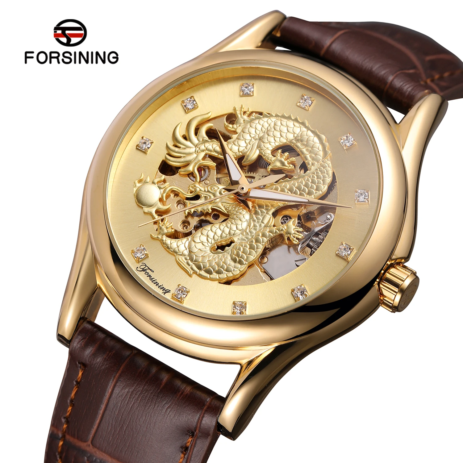 

Fashion Top Brand Golden China Dragon Design Brown Leather Casual Design Men Mechanical Watch Luxury Automatic Analog