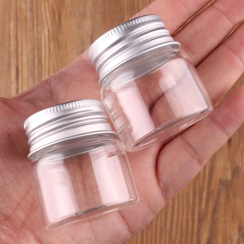 15pcs Dia 37mm 20ml/50ml/70ml/90ml/125ml/150ml Transparent Glass Spice Bottles Candy Jar Terrarium with Screw Aluminum Lid Craft