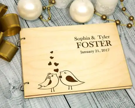 

personalized Sign Love birds Rustic wedding guest album book engraved Wooden guestbooks Reception party decorations