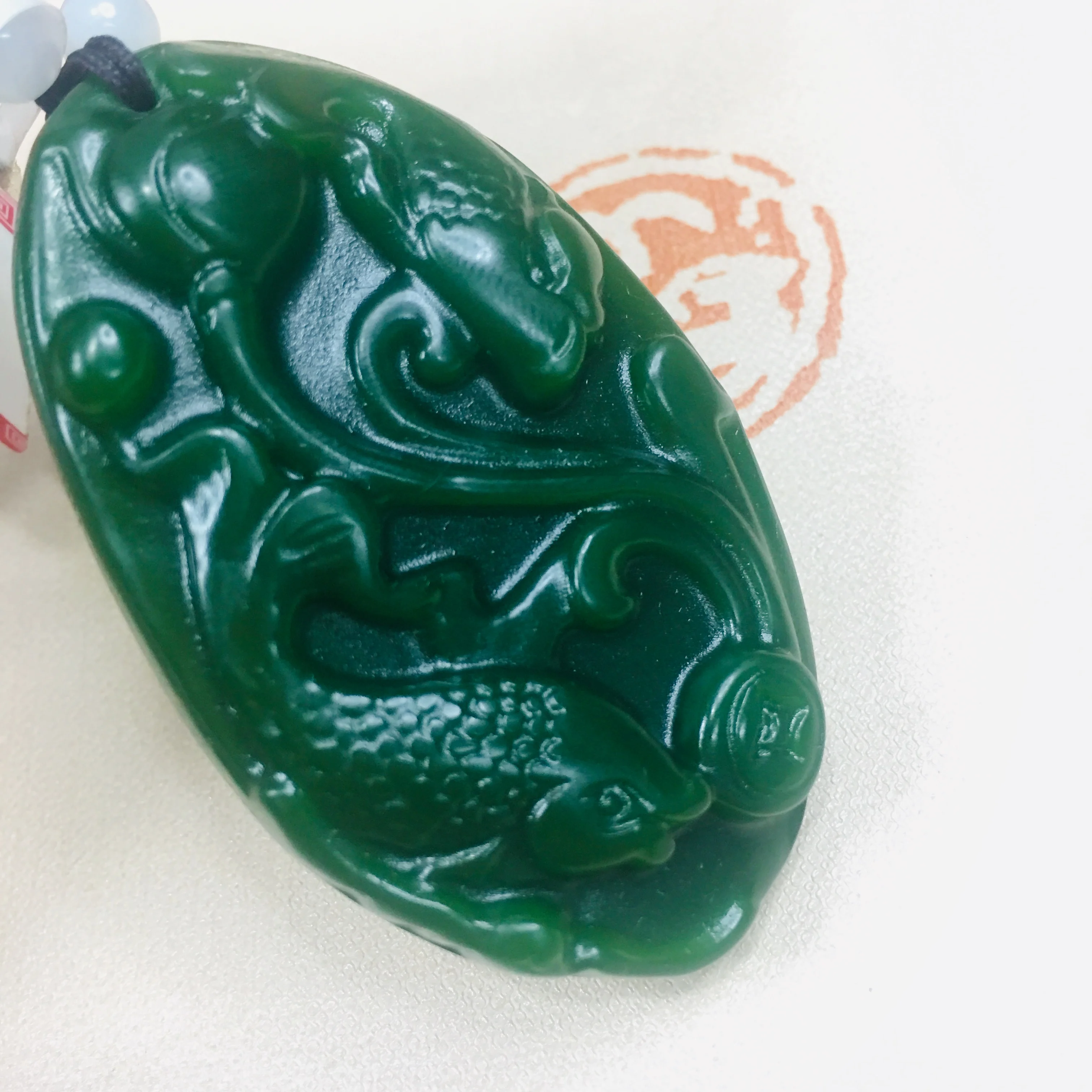 Zheru Jewelry Pure Natural Jasper Carved Lotus Fish Pendant Tricolor Jadeite Bead Necklace Send Class A Certificate