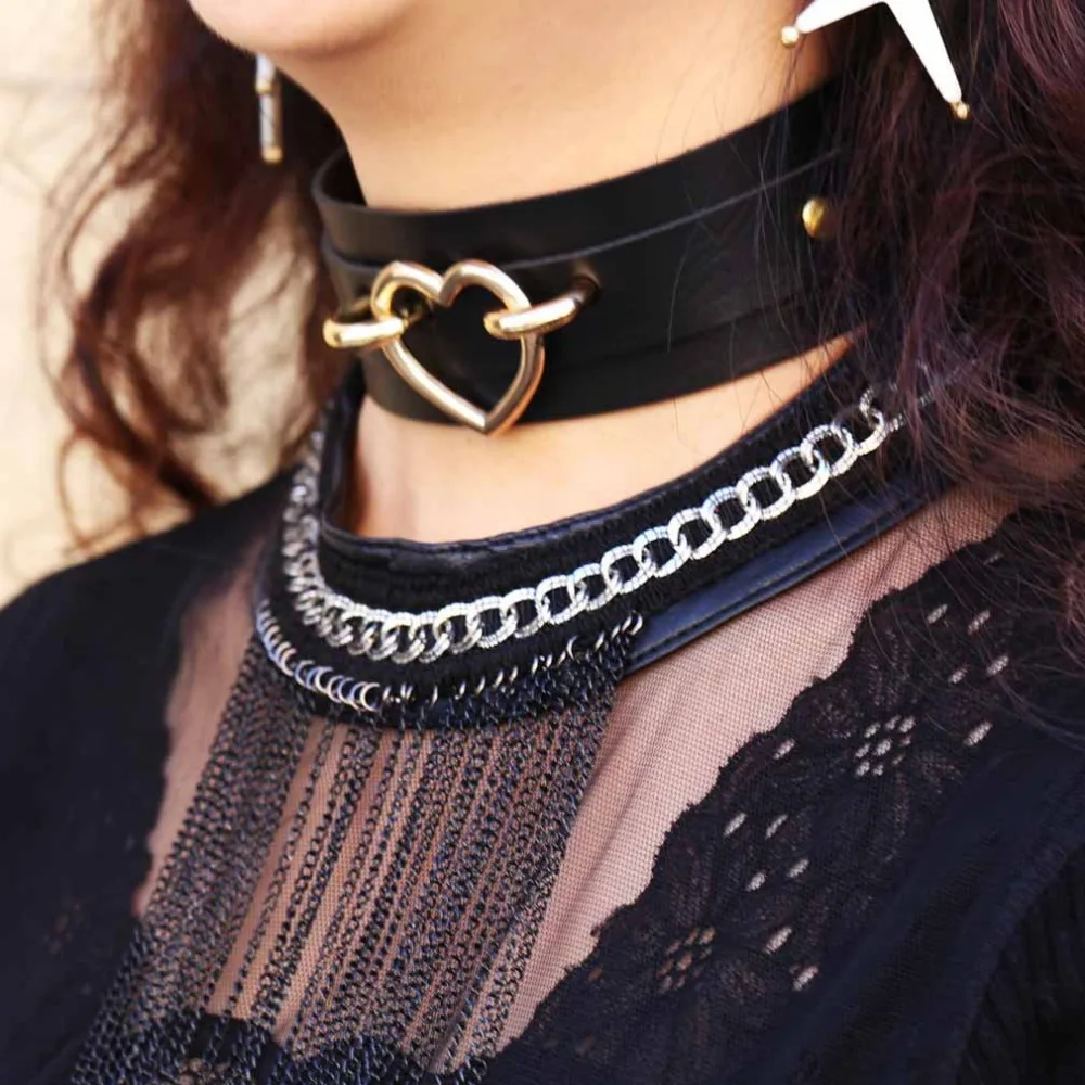 New Leather choker necklace gift for women Choker Heart Metal Laser Collar Chocker fashion jewelry