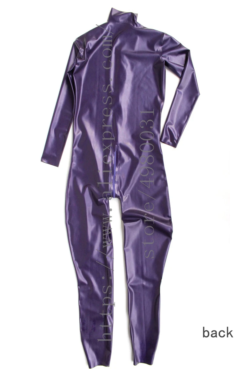 Bling metallic purple latex jumpsuit long sleeve women's latex catsuit rubber with front zip to ass