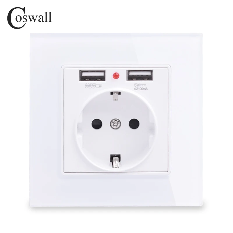 

Стеклянная панель Coswall с двойным USB-портом для зарядки 2,1 А, 16 А, для России, Испании, настенная розетка стандарта ЕС с заземлением, белый, черный, золотой, серый
