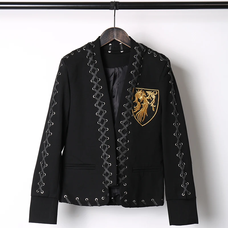 Men's Gold Embroidery Ribbons Short Blazer Spring Autumn Slim Fit Solid Club Performance Suit Jacket Formal Outwear Plus Size