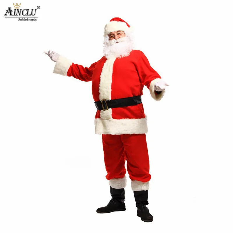 Ainclu Adult Santa Claus Costume Suit Plush Father Fancy Clothes Xmas Cosplay Props Men Coat Pants Beard Belt Hat Christmas Set