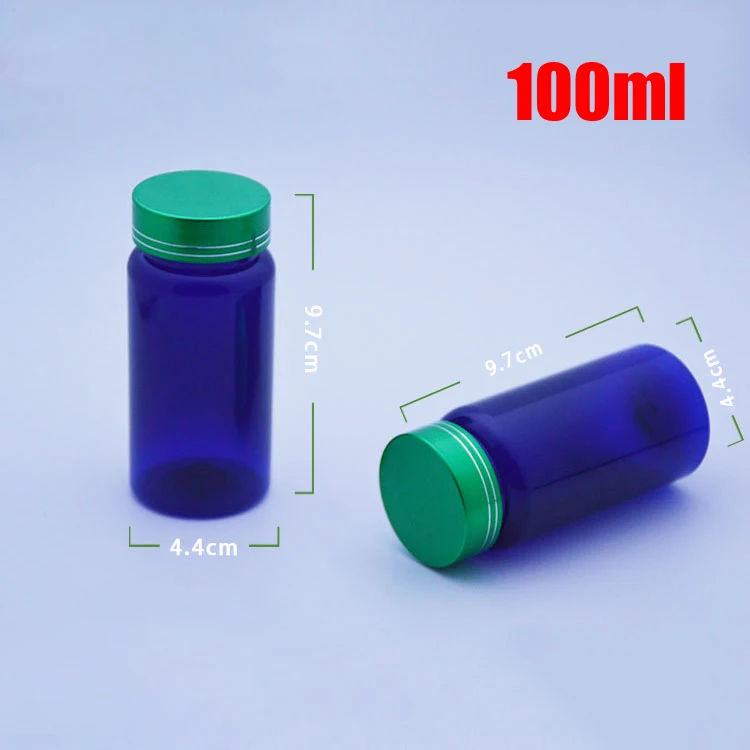 

100pcs 100ml Blue Color PET Medicine Bottle,Capsules/Pills/Powder/Vitamins Bottles, Plastic Bottles-Golden/Silver ColorsCaps