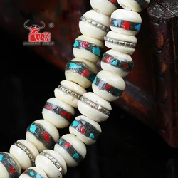 15PCS Bovine bone inlaid with copper coral songstone Tibetan buddhist bracelet DIY accessories. Hole 1.5mm