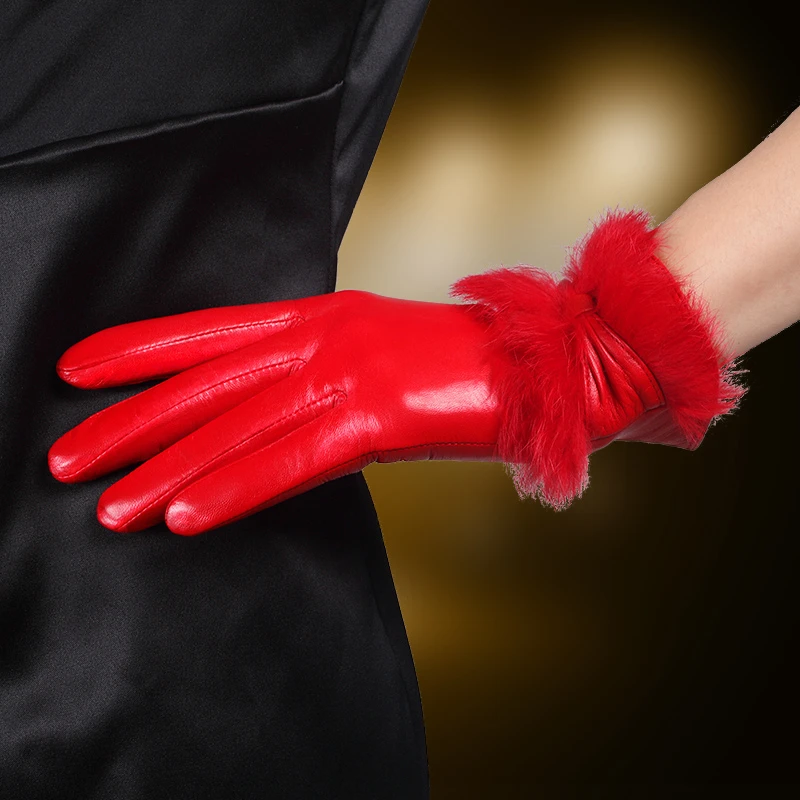 Brand Genuine Leather Gloves Women Fashion Trend Sheepskin Gloves Wrist Rabbit Hair Elegant Lady Driving Glove L149NN-5