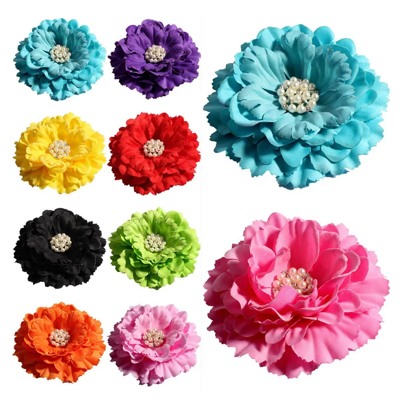 

120pcs/lot 11cm 20colors Peony Flowers + Rhinestone Pearl Buttons For Kids Girls Hair Accessories Fabric Flowers For Headbands