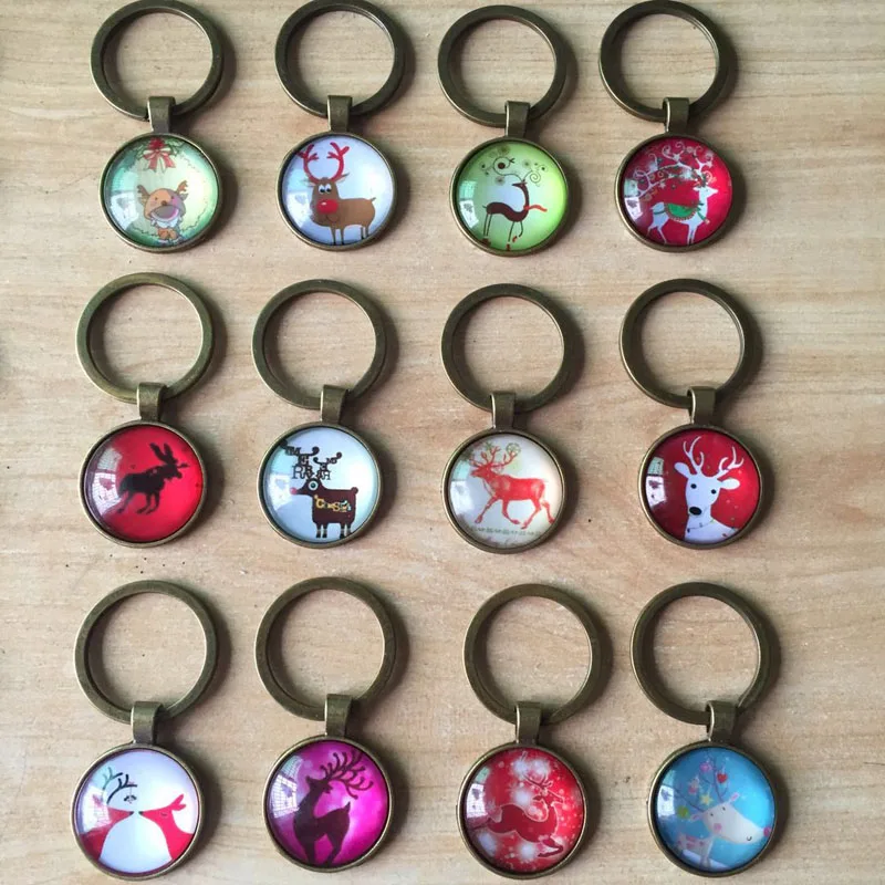 

12Pcs/lot Christmas Keychain Cabochon Setting Pendant For Key Rings Women Handbag Charms Key Chain