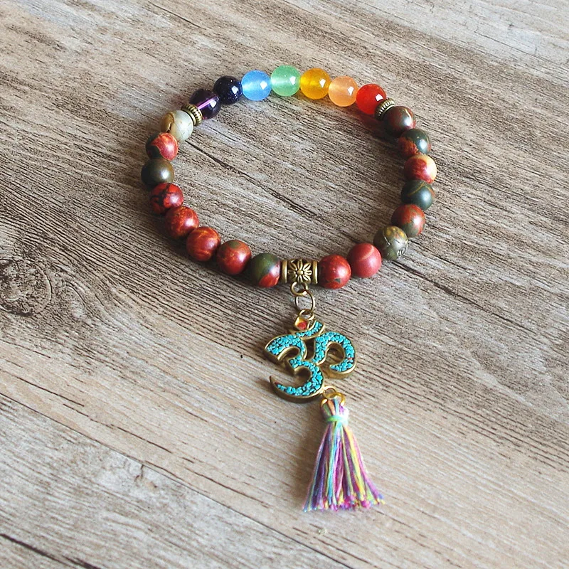 7 Chakra OM Tassels Bracelet Tibetan Buddha Yoga Healing Prayer Mala Charm Beaded Bracelet Jewelry for Women Men