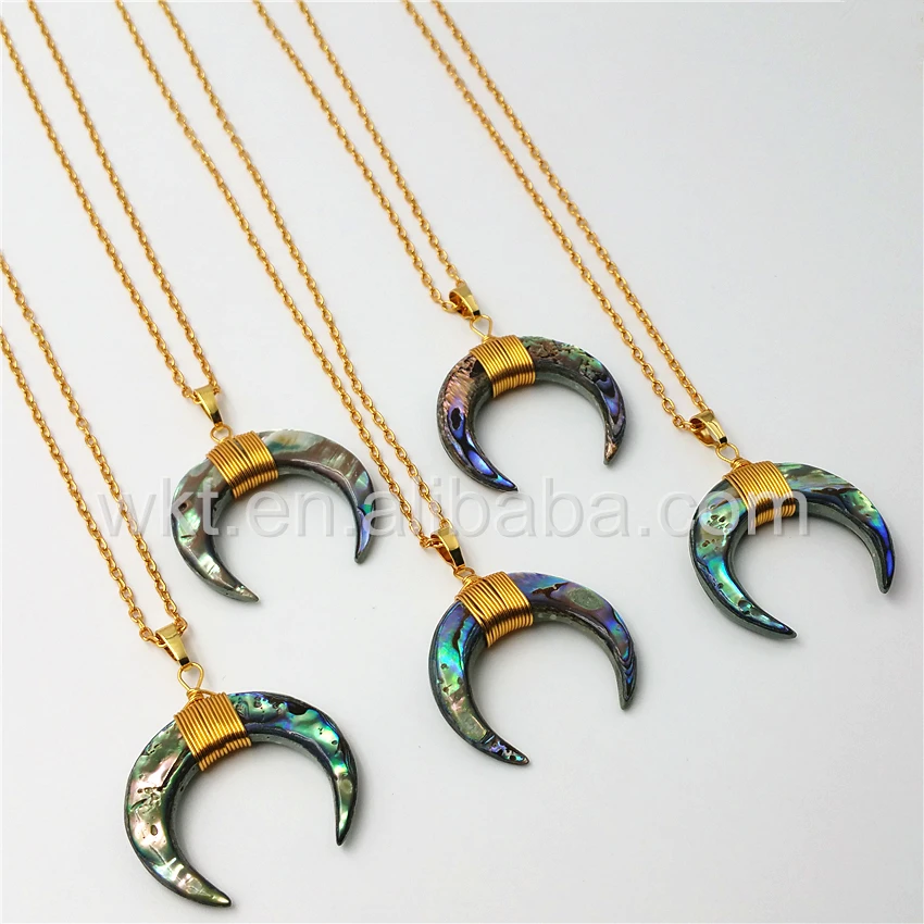 WT-N810  Wholesale Natual gorgeous sparkly high quality Abalone shell crescent horn necklace, wire wrapped abalone horn necklace