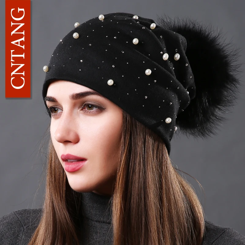 CNTANG 2024 Women\'s Fashion Hat Autumn Winter Rhinestones Pearl Hats Female Beanies Natural Raccoon Fur Pompom Cotton Warm Caps