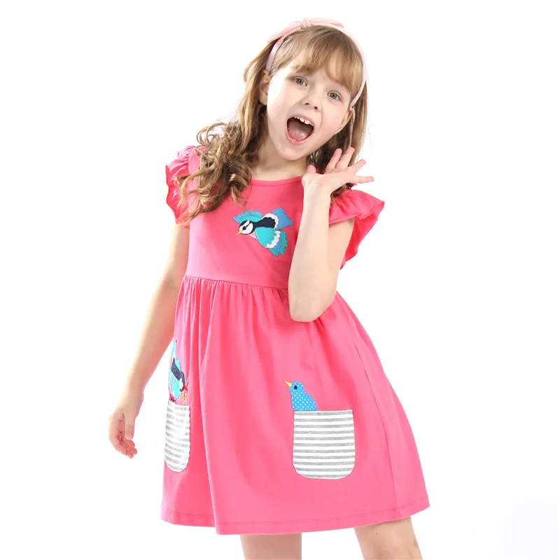 Hot Selling Baby Girls Summer Embroidery Dresses Kids Top Quality Cartoon Dress With Applique Some Cute Birds New Designed Dress