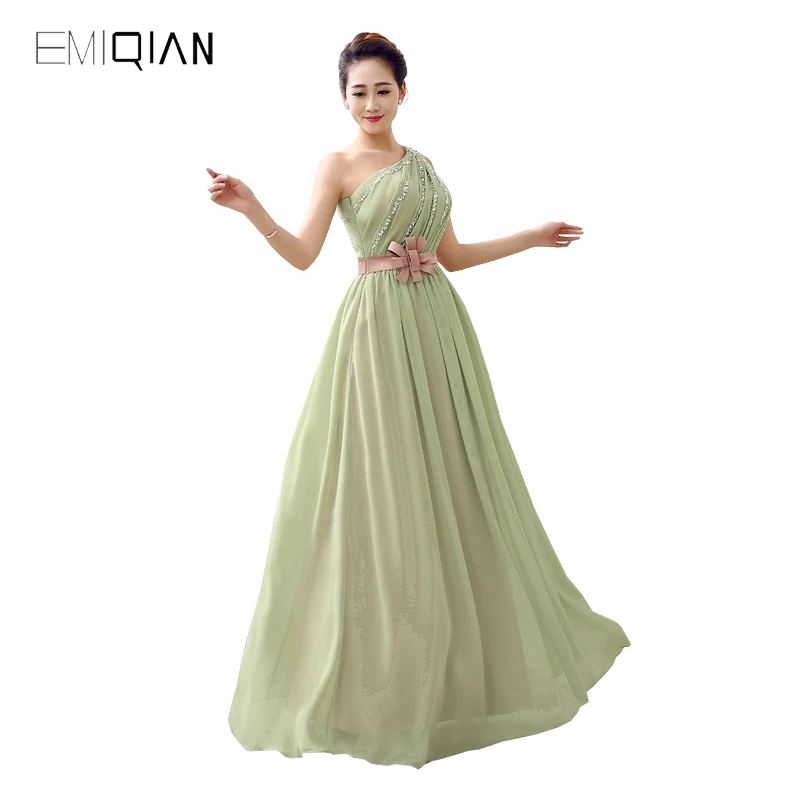 

Original Design Gorgeous A Line One Shoulder Green Chiffon Beaded Prom Dresses with Pink Belt