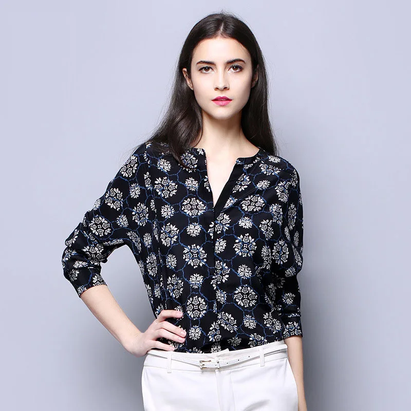 100% SIlk Crepe Women Shirt Pure Natural Silk Fabric New Arrival Office Lady Women Long Sleeve Fashion Shirts Printed Pattern