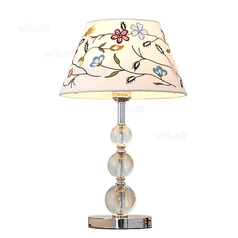 modern crystal table lamp desk light sitting room bedside foyer bedroom white coffee embroidery fabric shade chrome fixture