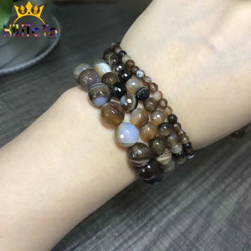 Natural Faceted Coffee Striated Agates Onyx Beads Round Loose Beads For Jewelry Making DIY Bracelet Necklace 15\'\' 4/6/8/10/12mm
