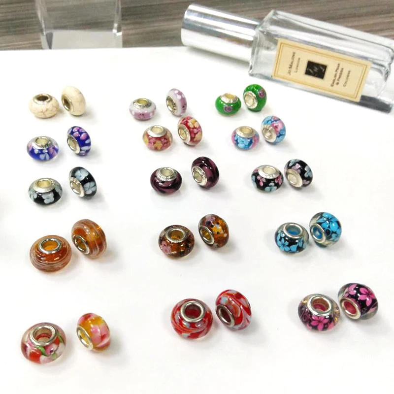 2Pcs/lot European Colorful Murano Glass Beads Anime Flower Charm Beads Fit Original Brands Bracelets & Bangles Couples Jewelry