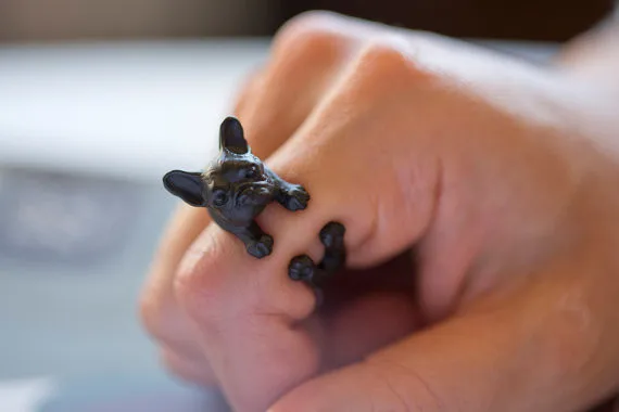 Newest Listed Retro French Bulldog Ring Burnished Animal Adjustable Free Size Wrap Jewelry