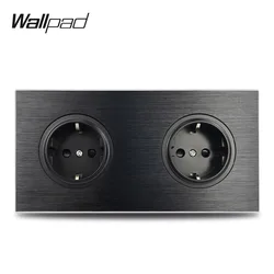 Wallpad L6 Black Metal Double EU Schuko Wall Electrical Power Socket Satin Aluminum Frame Dual Plate, 172 * 86 mm