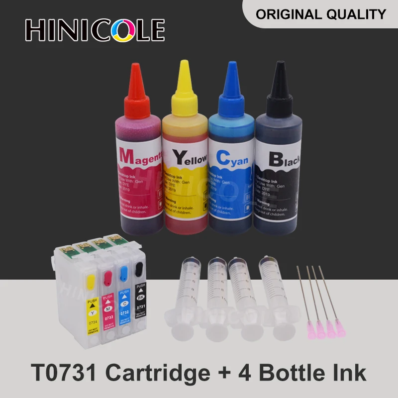 73N T0731 Ink Cartridge for Epson CX3900 CX5900 CX4900 CX4905 CX3905 TX100 TX110 TX200 TX210 TX400 Printer + Refill Dye Ink Kit