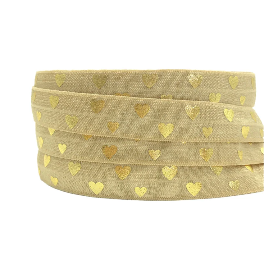 New Arrival Gold Foil Love Heart Print Fold Over Elastic 10 yards/lot Wholesale 5/8