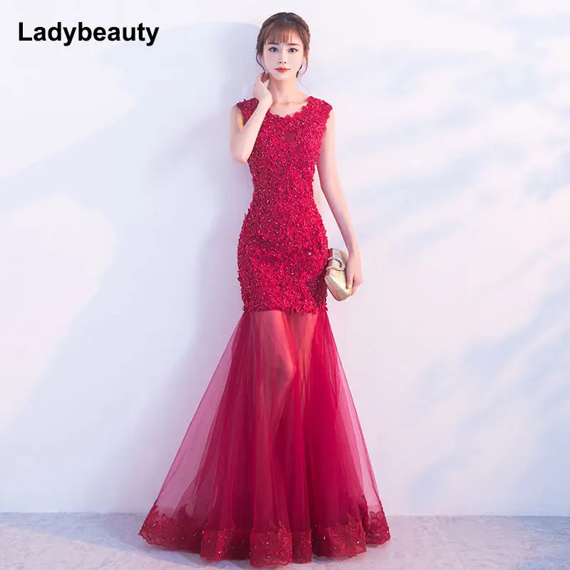 

Red wine Mermaid Evening Dresses O Neck Beadings Prom Gowns Illusion Floor Length Vintage Lace Party Dresses
