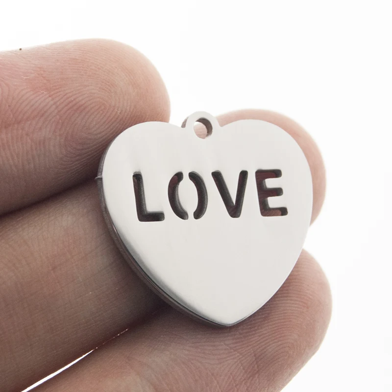 100pcs   LOVE in heart blank charm pendant both sides mirror polished stainless steel high quality wholesale