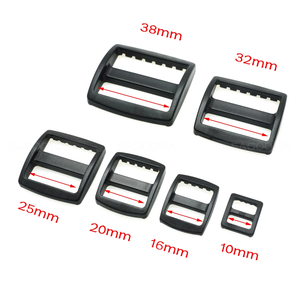 10pcs/pack Plastic Slider Tri Glide Adjust Buckles Backpack Straps Webbing 10/16/20/25/32/38mm Wider Style  Black