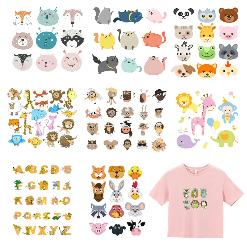 Cartoon Letter Animal Patch Set Iron-on Transfers Kid Clothing DIY T-shirt Applique Owl Tiger Unicorn Life Heat Transfer Sticker