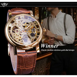 Vencedor transparente moda caso luxo design casual pulseira de couro relógios masculinos marca superior luxo relógio esqueleto mecânico 10 principais vendas relogio winner skeleton - №6