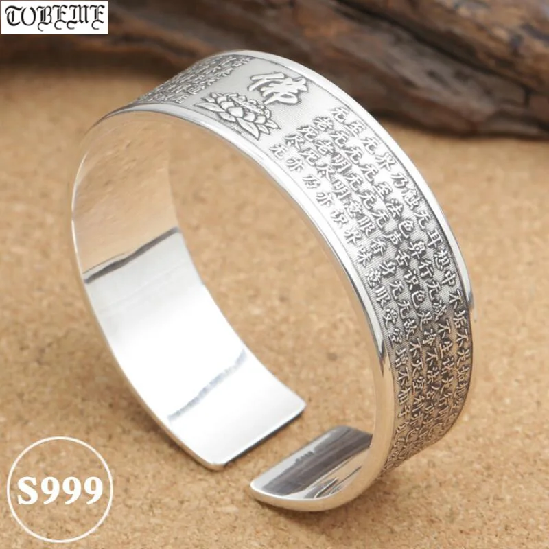 100% 999 Silver Tibetan Lotus Flower Women Bracelet Real Pure Silver Buddhist Heart Sutra Bangle Women Cuff Bracelet