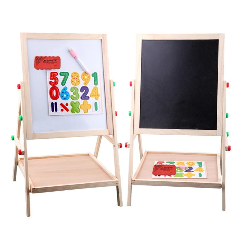 65 cm doppelseitige magnetische Tafel aus Holz für Kinder, Whiteboard für Kinder, großes Schreib- und Zeichenbrettspielzeug mit Radiergummi, Kreidemarker