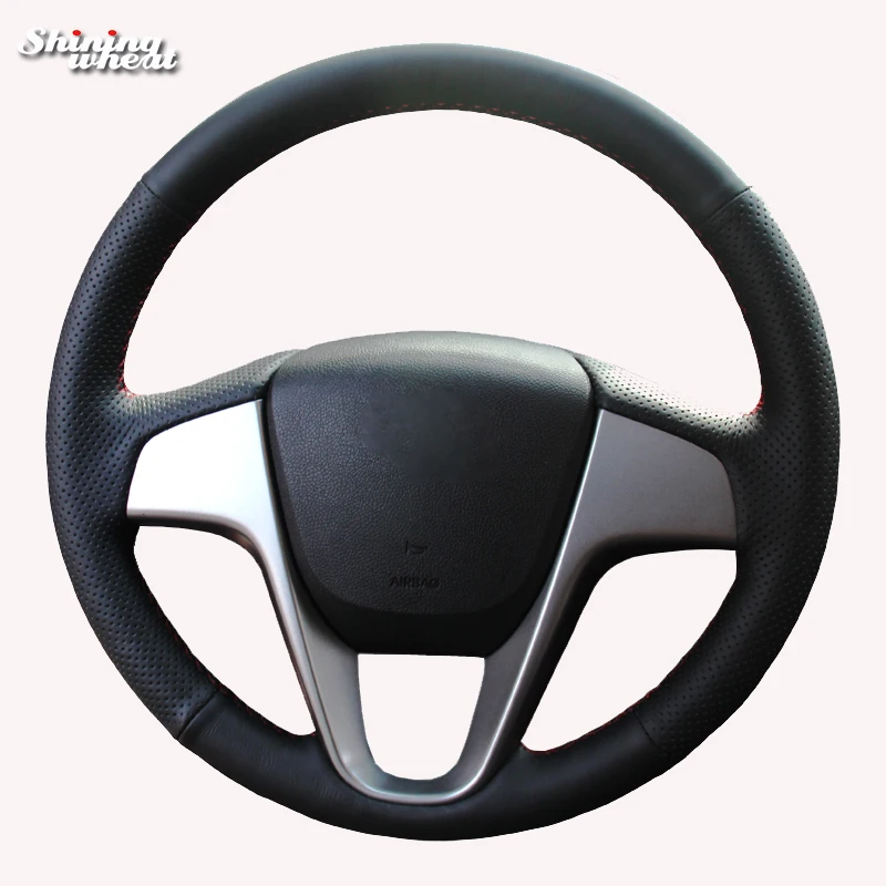 

Shining wheat Black Artificial Leather Steering Wheel Cover for Hyundai Solaris Verna I20 Accent