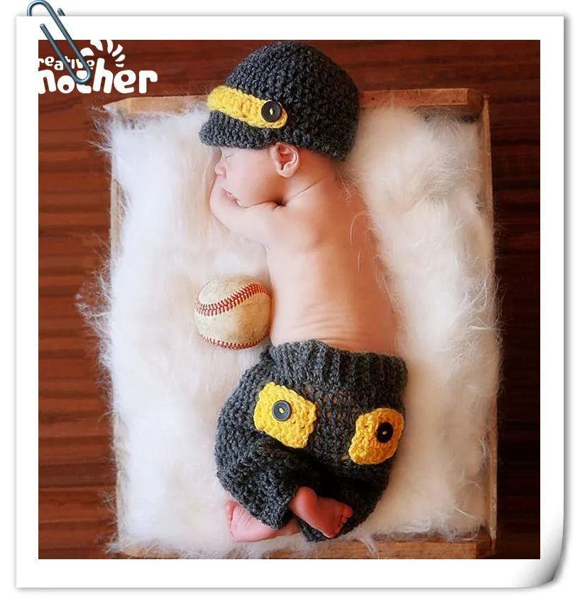 Baby Photography Clothing Manual Knitting Baseball Cap Baby Boys Photo Shoot Props Newborn Fotografia Accessories Hat Pants Set