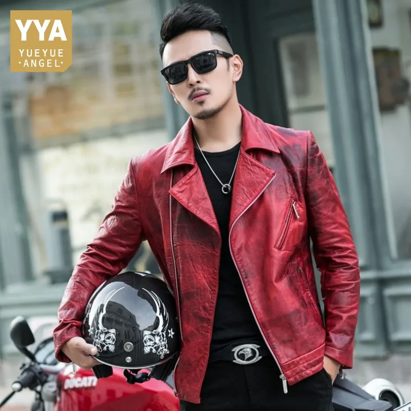 New Mens Luxury Sheepskin Genuine Leather Jacket Slim Fit Motorcycle Leather Jacket Men Punk Designer Red Outwear Coat 4XL