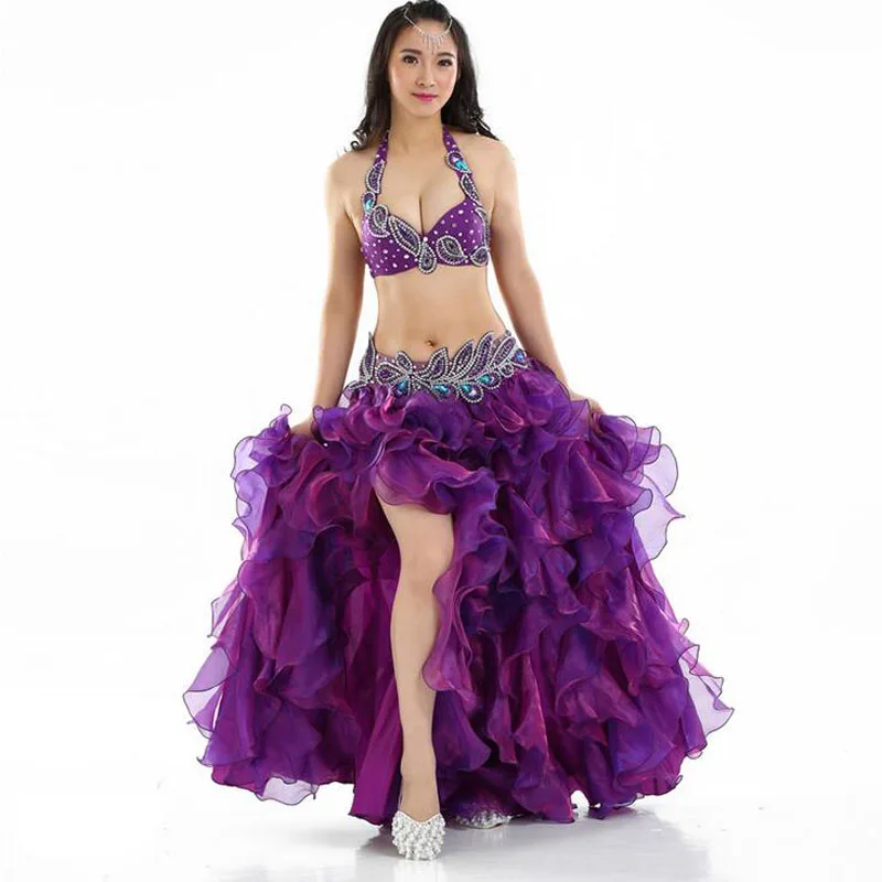 Costume de danse du ventre de luxe de haute qualité, joli costume de danse du ventre perlé, soutien-gorge, ceinture et jupe, vêtements Sexy de danse de scène orientale