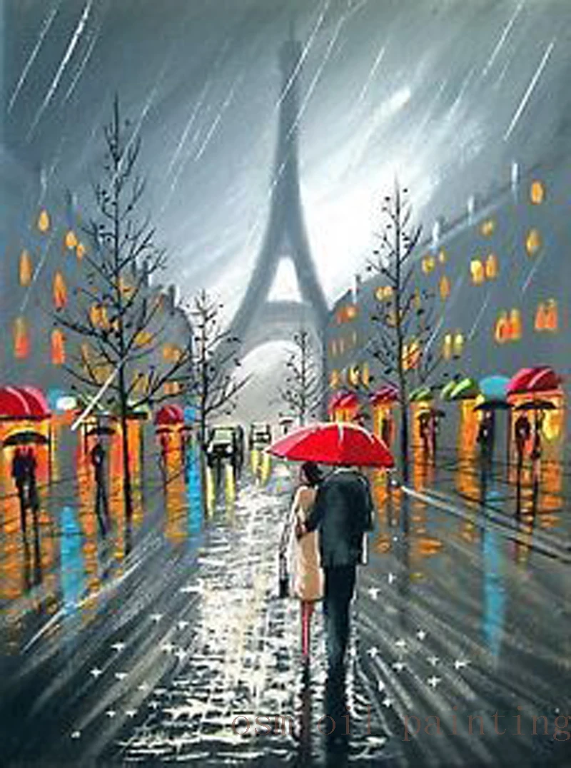 

Handmade Abstract Fine Art Paris Downpour Red Umbrella Tower Couple Love Rain Streetscape Handpainted Landscape Oil Painting