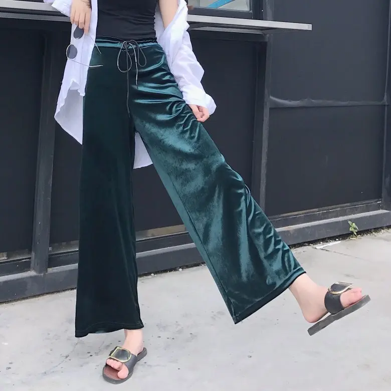 

2019 New Fashion Velvet High Waist Wide Leg Pants Women Autumn Winter Velour Baggy Casual Loose Long Trousers Mujer Pantalon