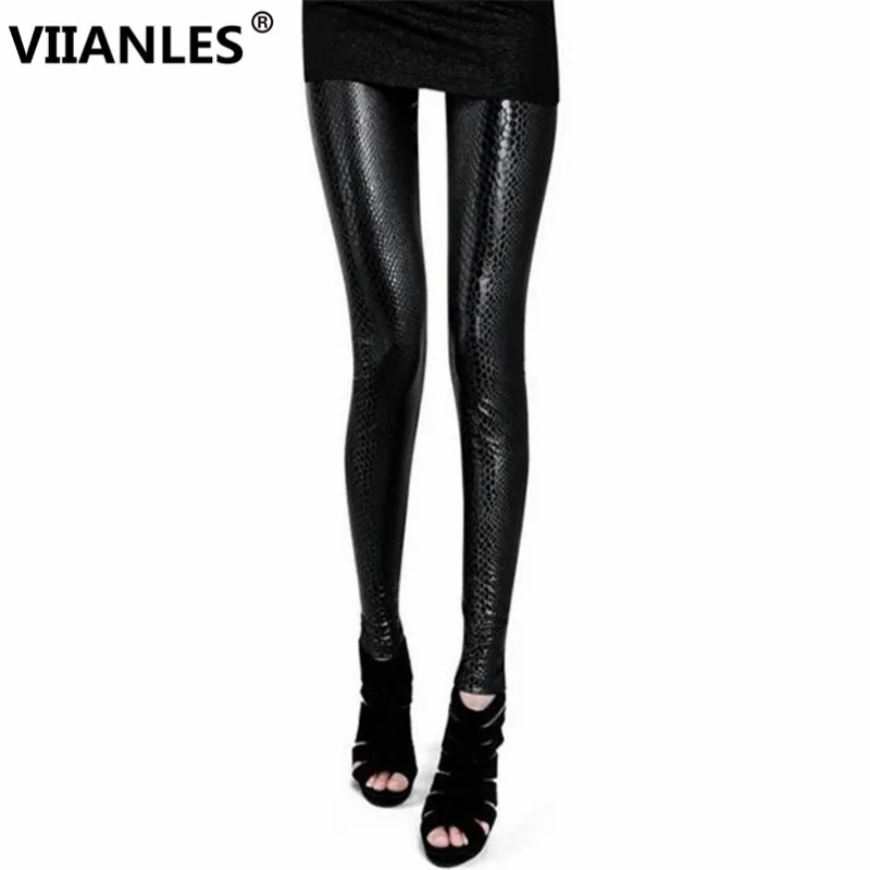 VIIANLES Ular Hitam Legging Wanita High Waist Kurus Celana Wanita Elastis Faux Kulit Celana