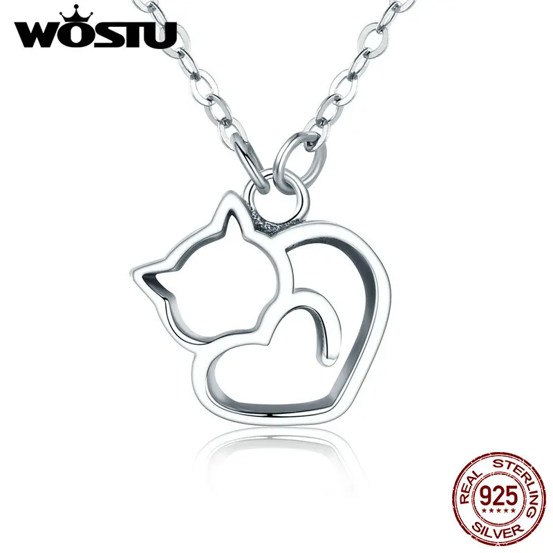 WOSTU Hot Fashion 100% 925 Sterling Silver Lovely Cat Exquisite Women Pendant Necklace Luxury S925 Silver Jewelry Gift CQN188