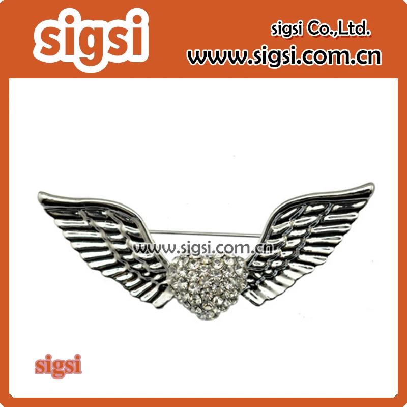 fashion silver New Hot sale cheap rhinestone heart wings brooch pin